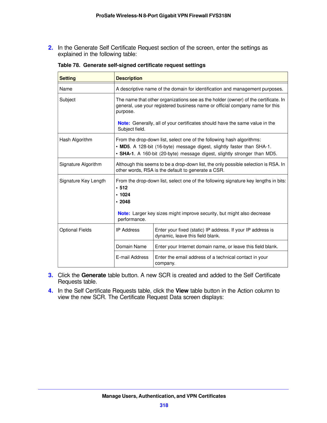 NETGEAR FVS318N manual Generate self-signed certificate request settings, 512 1024 2048 