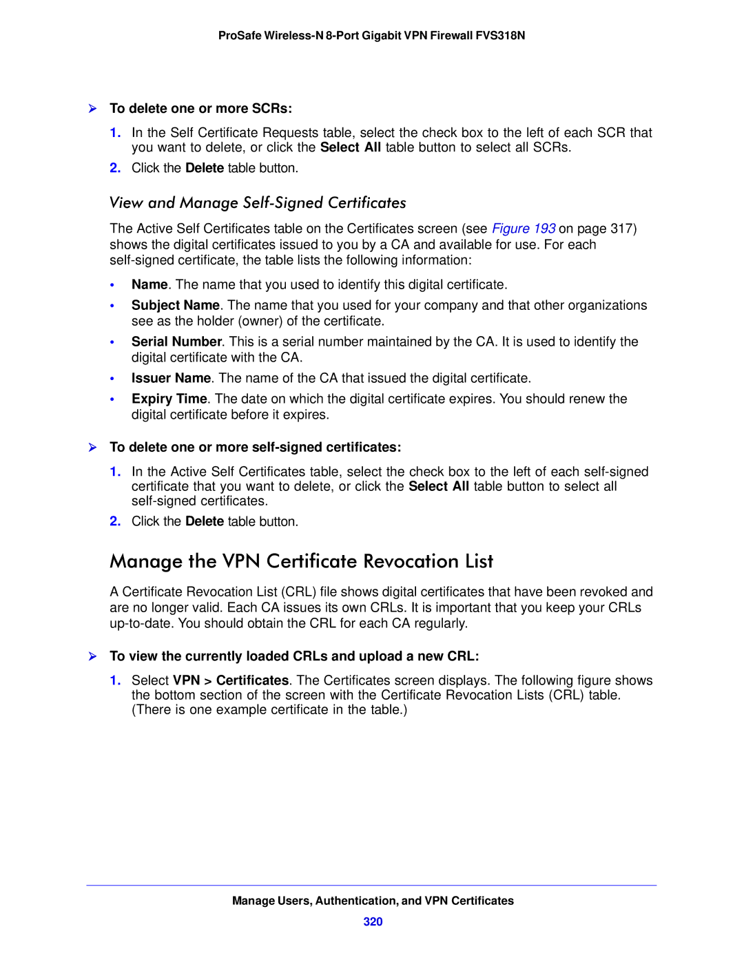 NETGEAR FVS318N manual Manage the VPN Certificate Revocation List, View and Manage Self-Signed Certificates 