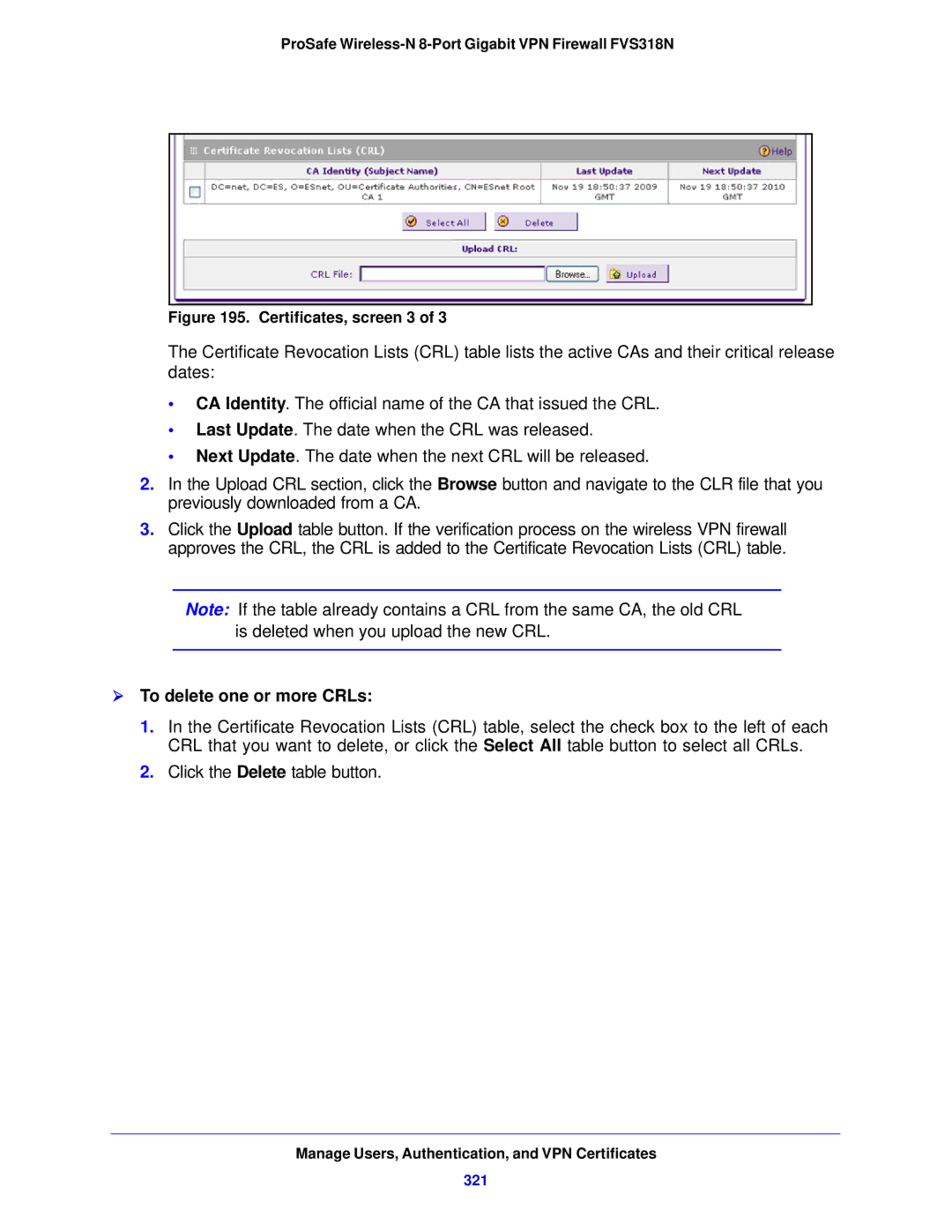 NETGEAR FVS318N manual  To delete one or more CRLs, 321 