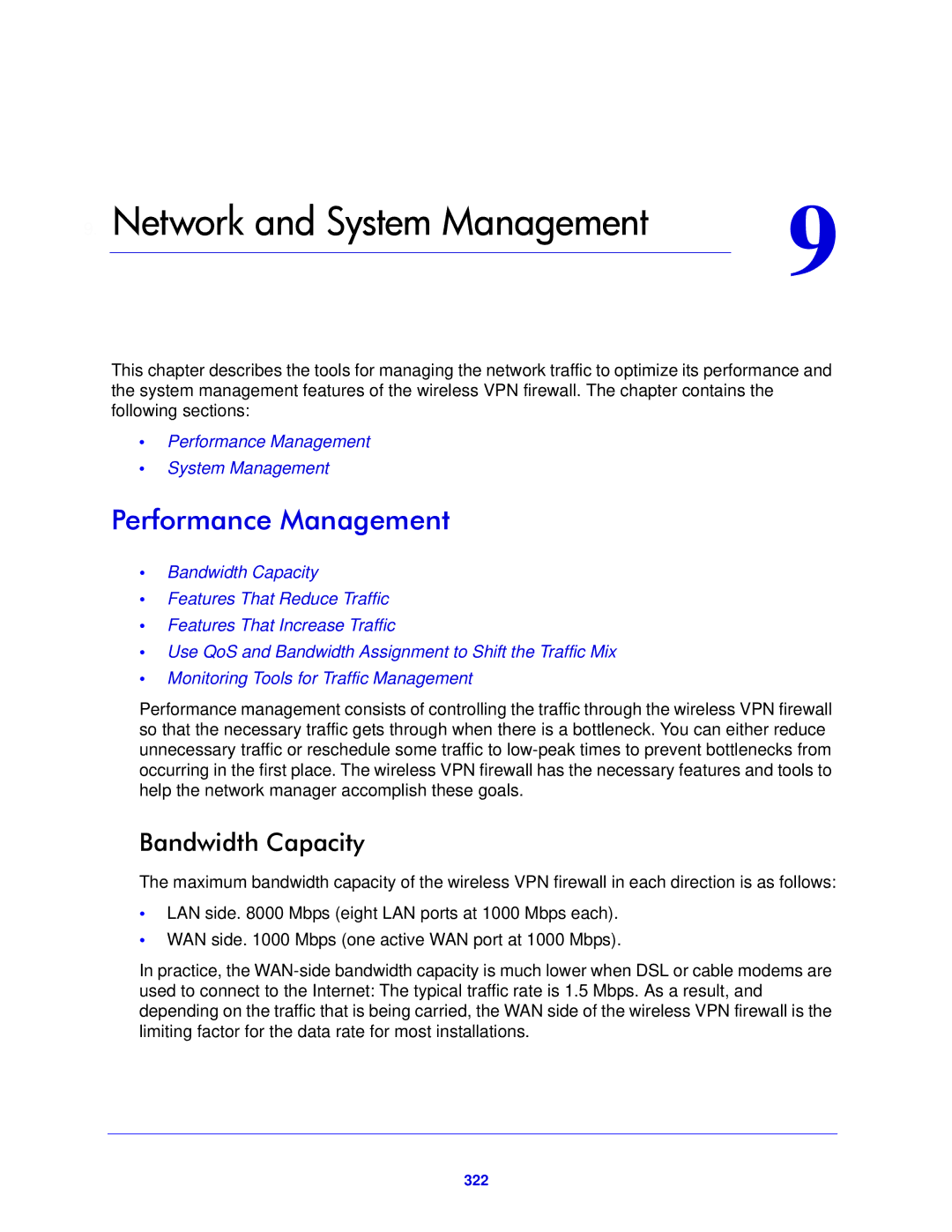 NETGEAR FVS318N manual Performance Management, Bandwidth Capacity, 322 