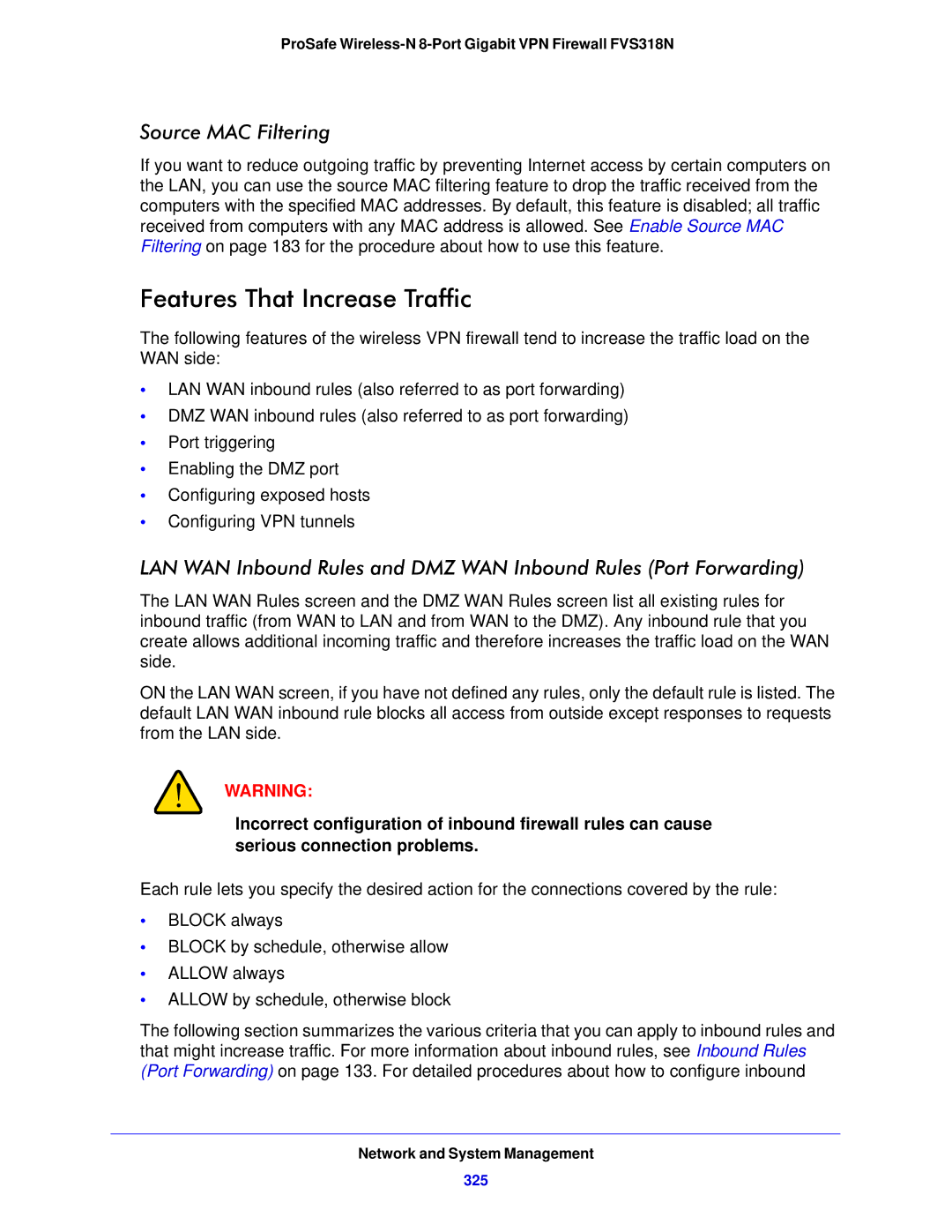 NETGEAR FVS318N manual Features That Increase Traffic, Source MAC Filtering, 325 