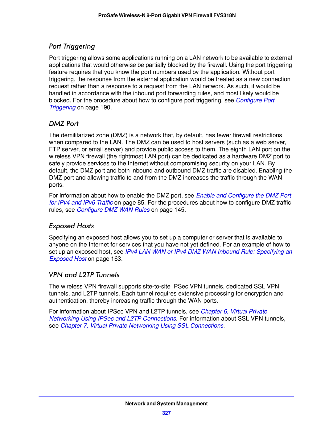 NETGEAR FVS318N manual Port Triggering, DMZ Port, Exposed Hosts, VPN and L2TP Tunnels, 327 