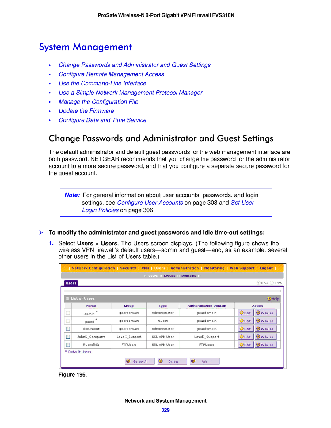 NETGEAR FVS318N manual System Management, Change Passwords and Administrator and Guest Settings, 329 