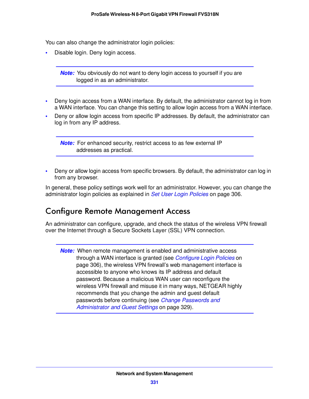 NETGEAR FVS318N manual Configure Remote Management Access, 331 