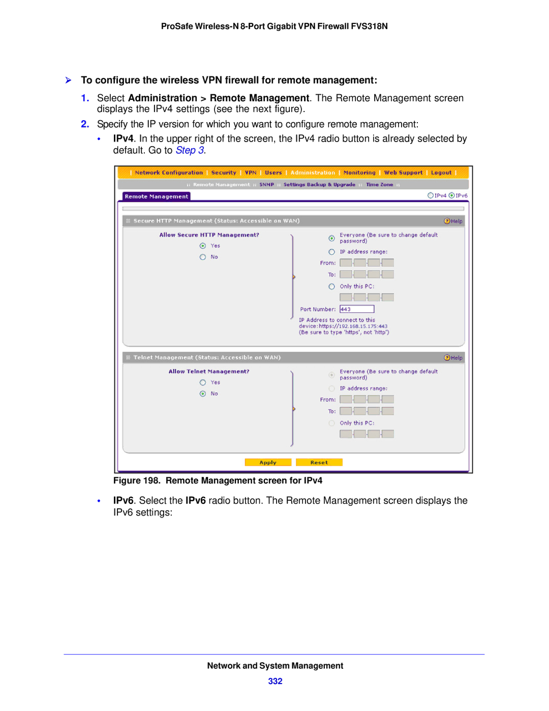 NETGEAR FVS318N manual Remote Management screen for IPv4, 332 