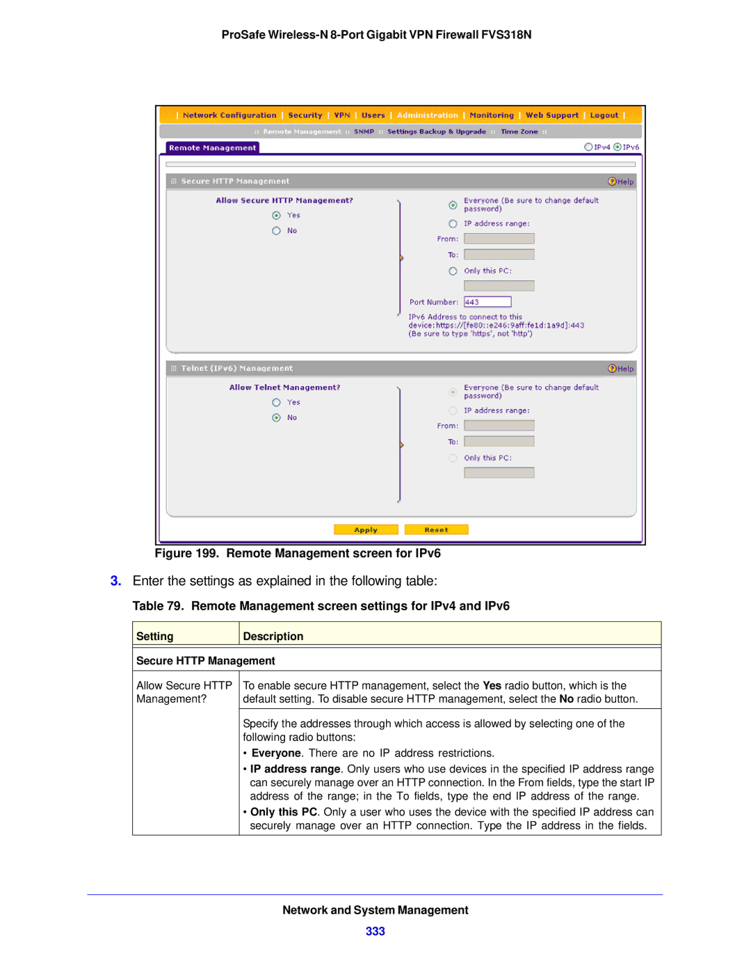 NETGEAR FVS318N manual Remote Management screen settings for IPv4 and IPv6, 333, Setting Description Secure Http Management 