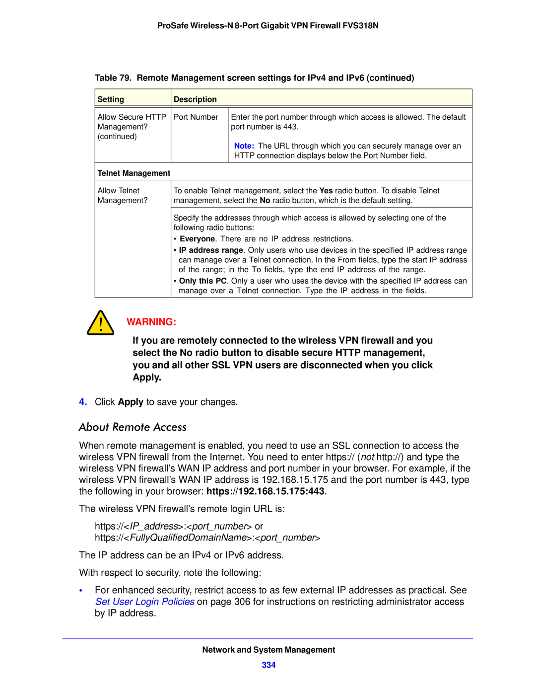 NETGEAR FVS318N manual About Remote Access, 334, Telnet Management 