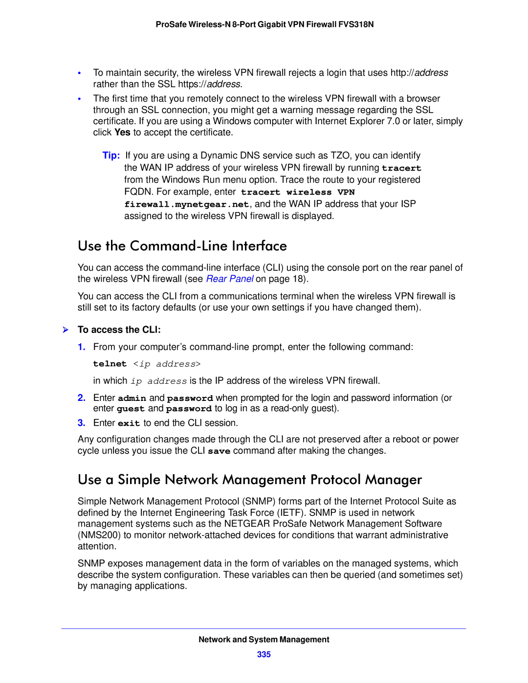 NETGEAR FVS318N Use the Command-Line Interface, Use a Simple Network Management Protocol Manager,  To access the CLI, 335 