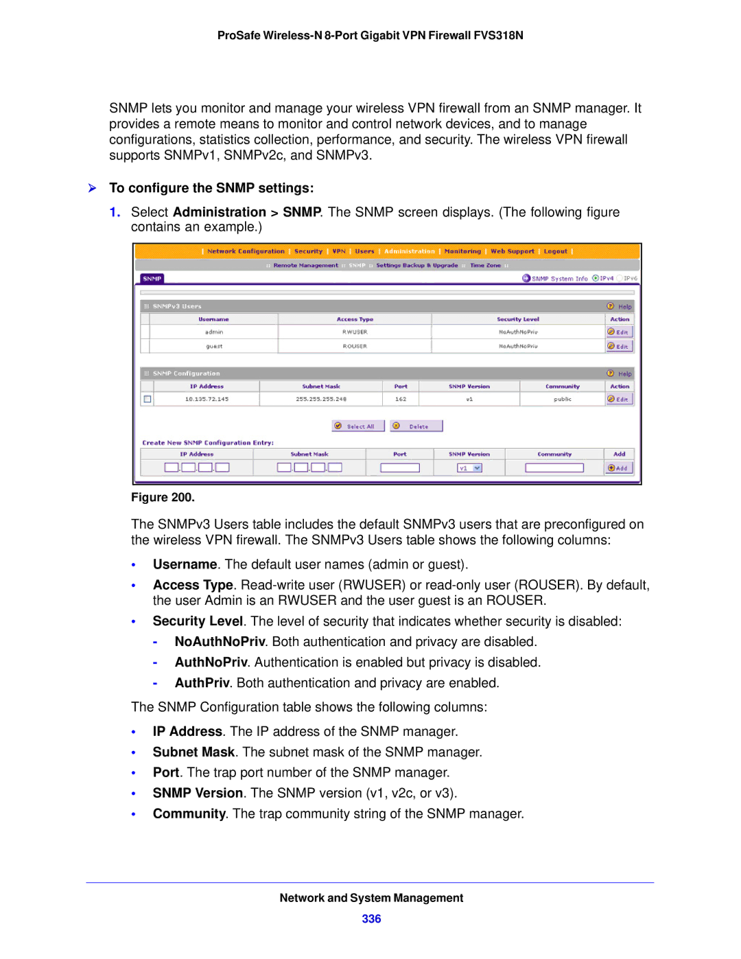 NETGEAR FVS318N manual  To configure the Snmp settings, 336 