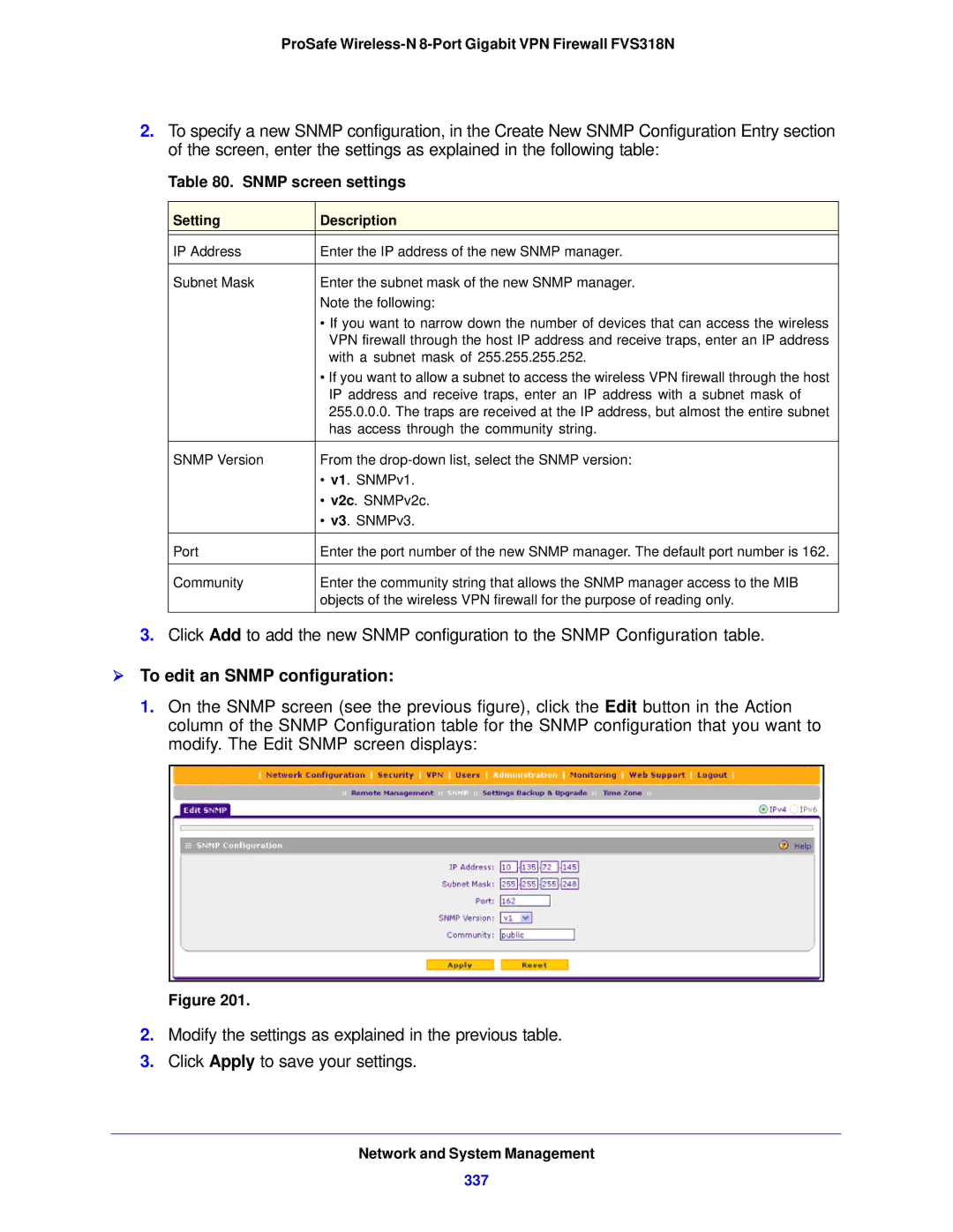 NETGEAR FVS318N manual  To edit an Snmp configuration, Snmp screen settings, 337 