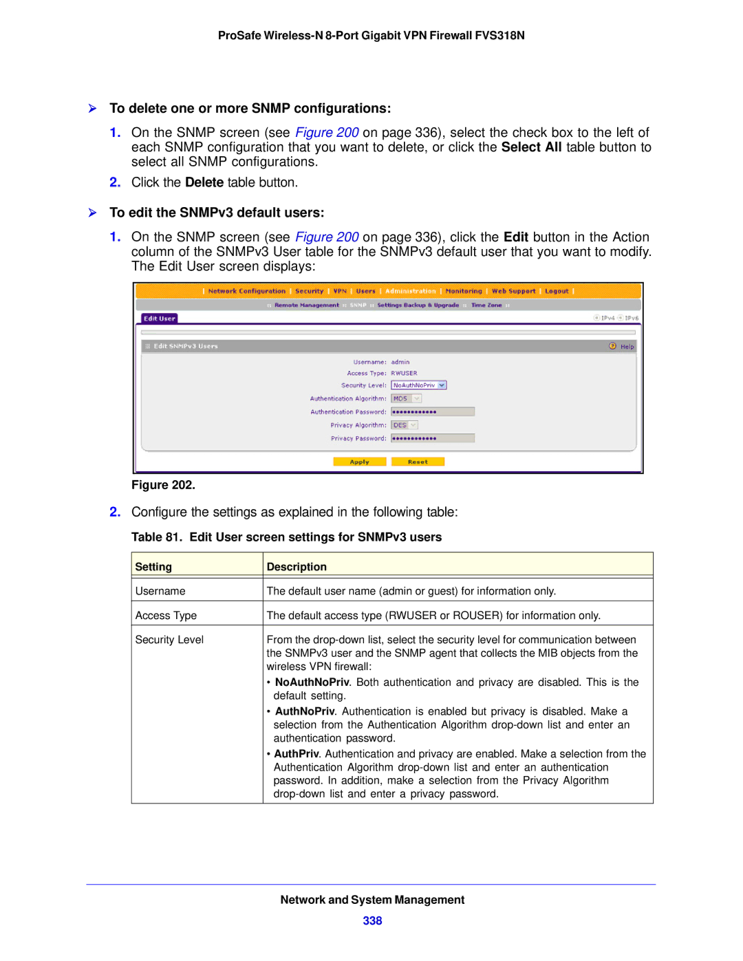 NETGEAR FVS318N manual  To delete one or more Snmp configurations,  To edit the SNMPv3 default users, 338 