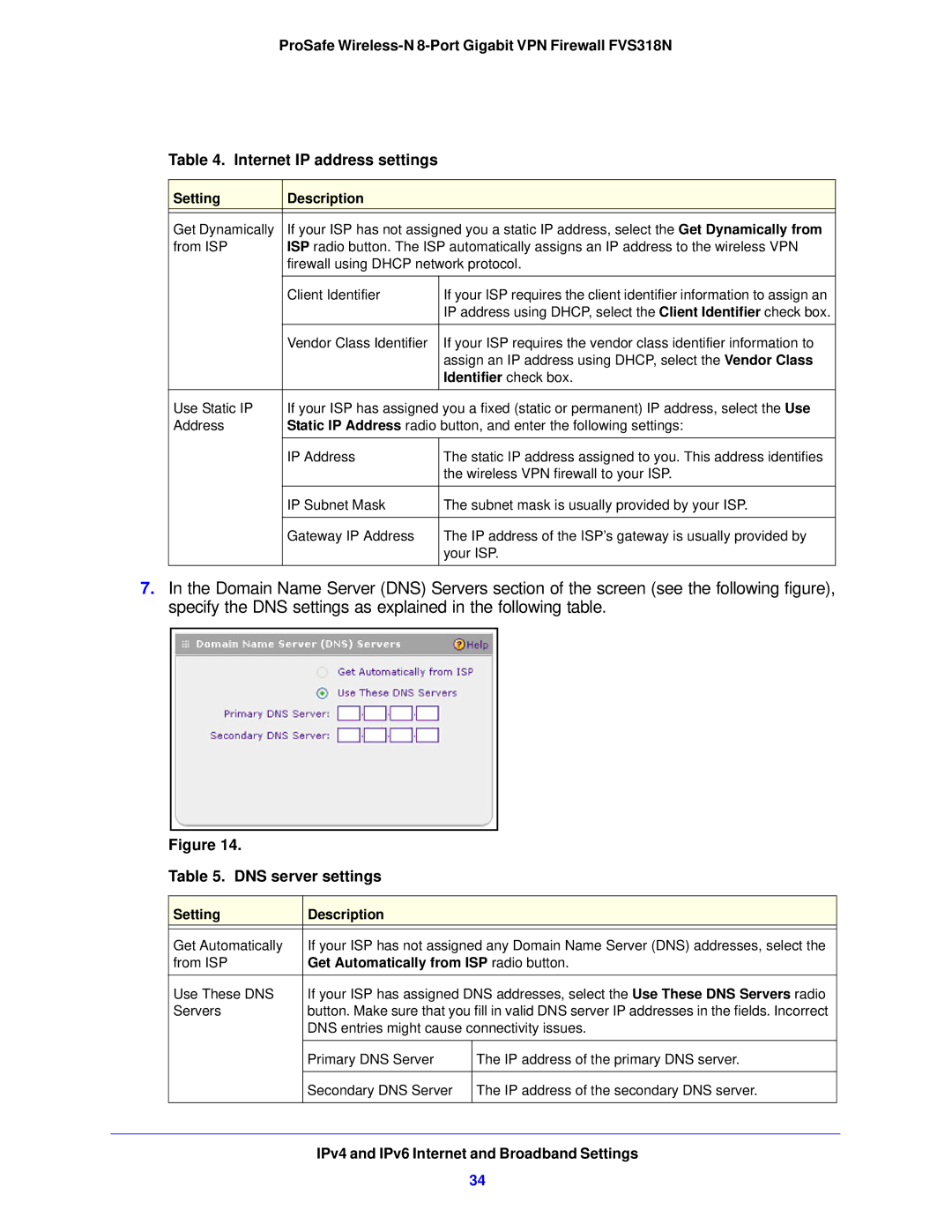 NETGEAR FVS318N manual DNS server settings, Identifier check box, Get Automatically from ISP radio button 