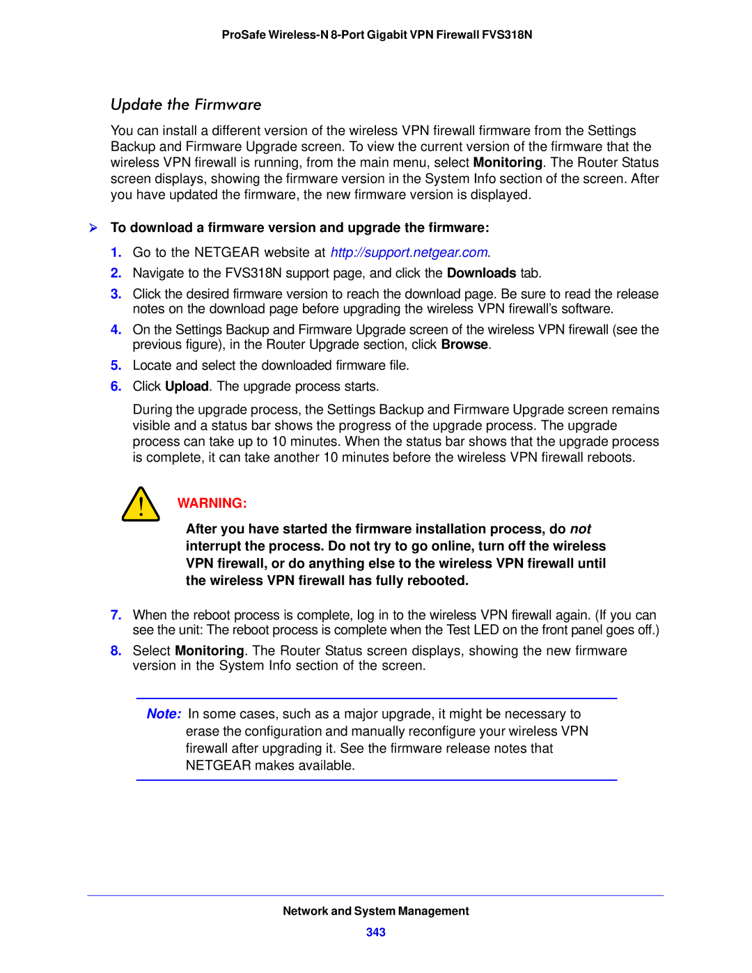 NETGEAR FVS318N manual Update the Firmware,  To download a firmware version and upgrade the firmware, 343 