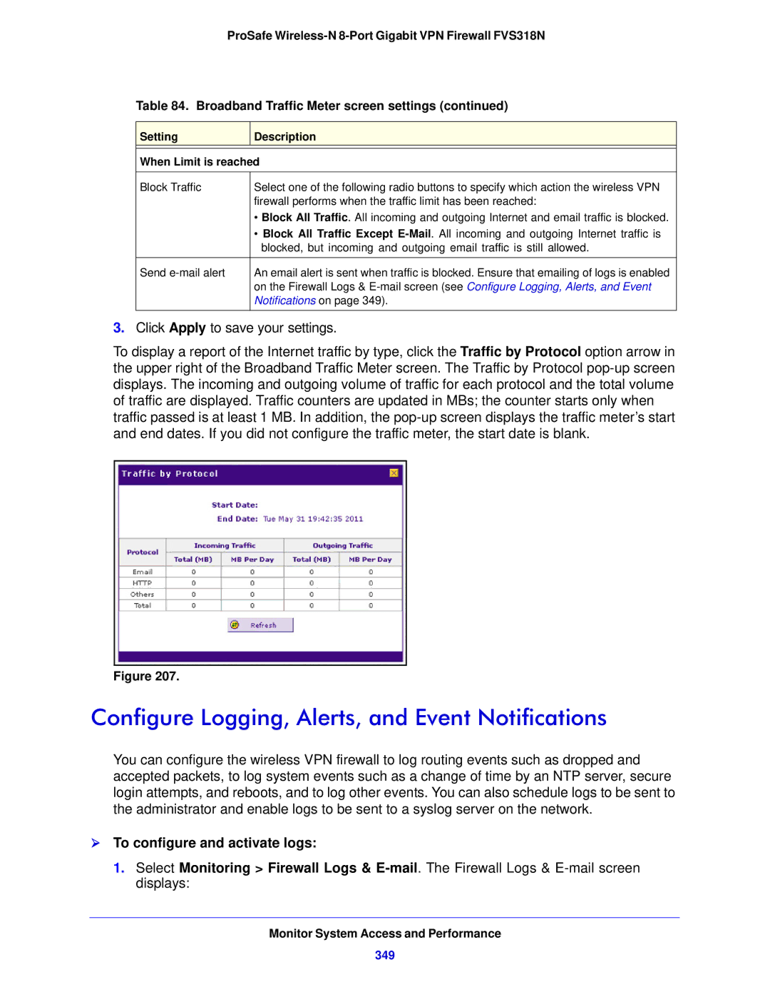 NETGEAR FVS318N manual Configure Logging, Alerts, and Event Notifications,  To configure and activate logs, 349 