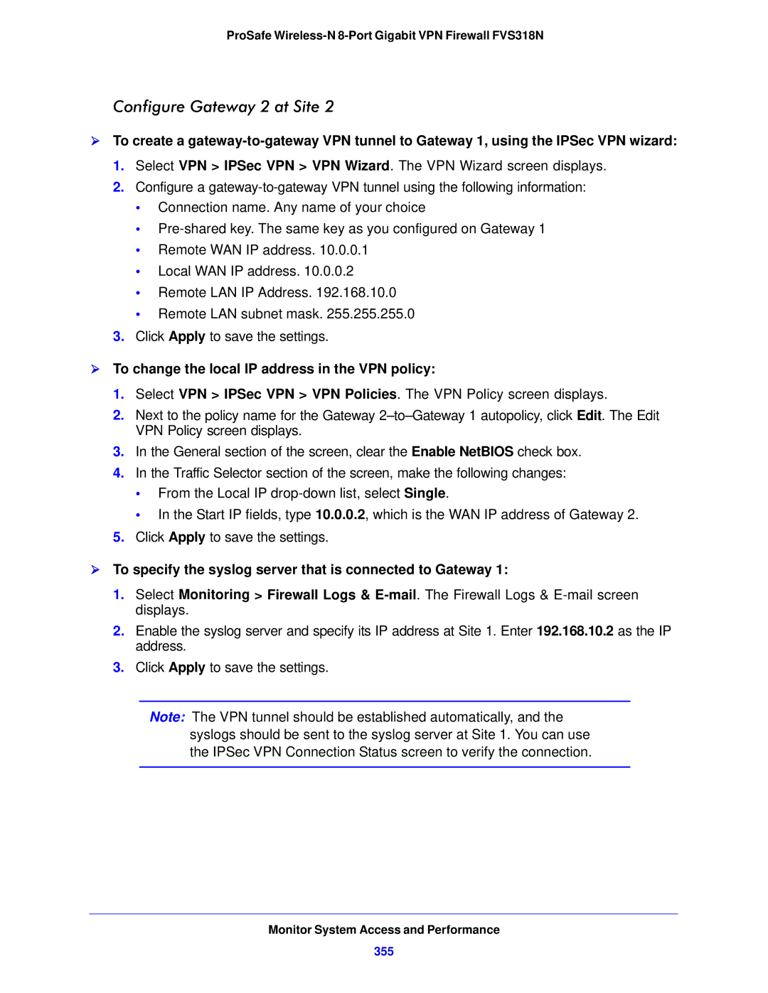 NETGEAR FVS318N manual Configure Gateway 2 at Site,  To change the local IP address in the VPN policy, 355 