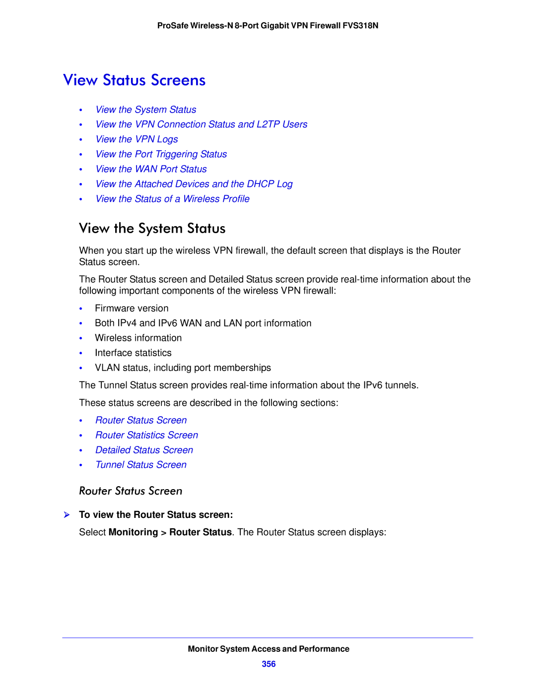 NETGEAR FVS318N View Status Screens, View the System Status, Router Status Screen,  To view the Router Status screen, 356 