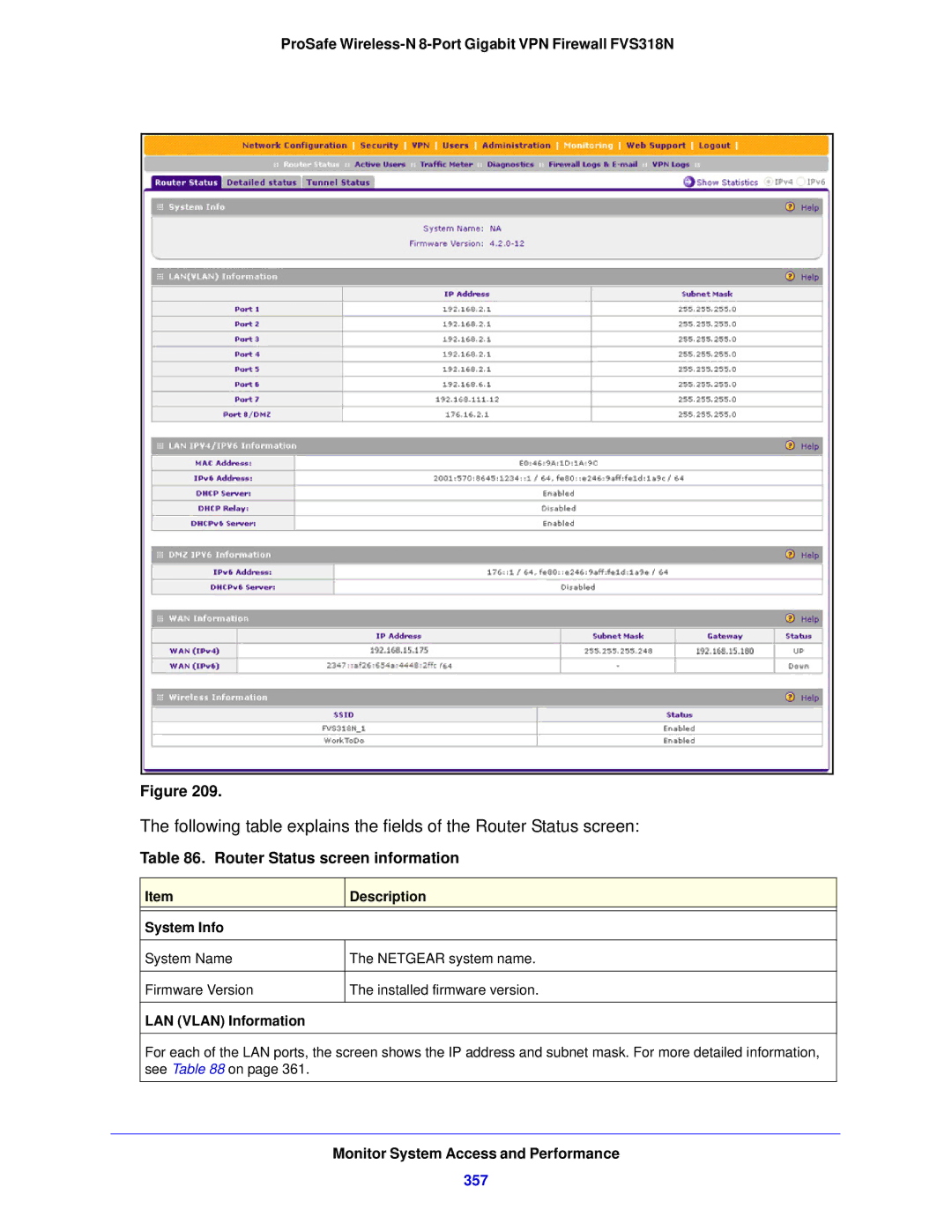 NETGEAR FVS318N manual Router Status screen information, 357 