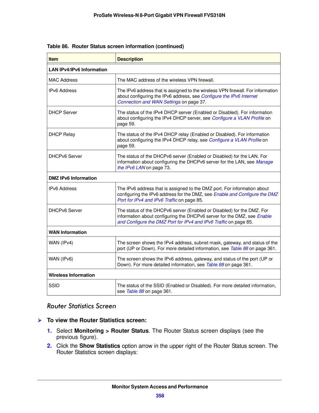 NETGEAR FVS318N manual Router Statistics Screen,  To view the Router Statistics screen, 358 