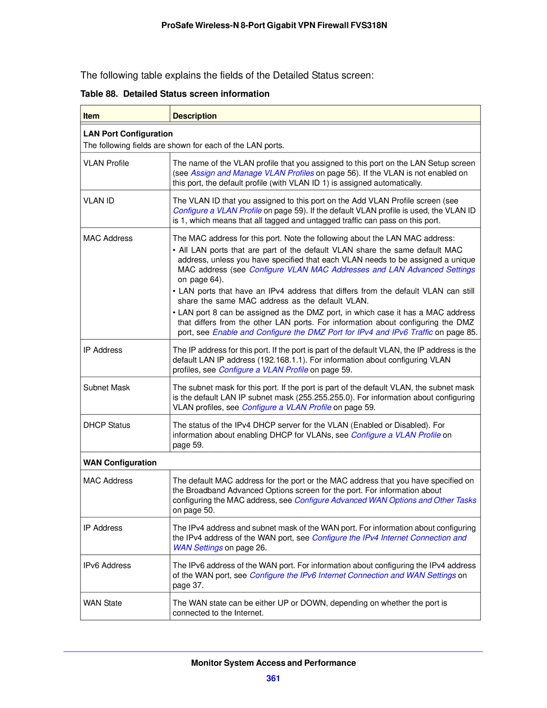 NETGEAR FVS318N manual Detailed Status screen information, 361, LAN Port Configuration, WAN Configuration, WAN Settings on 