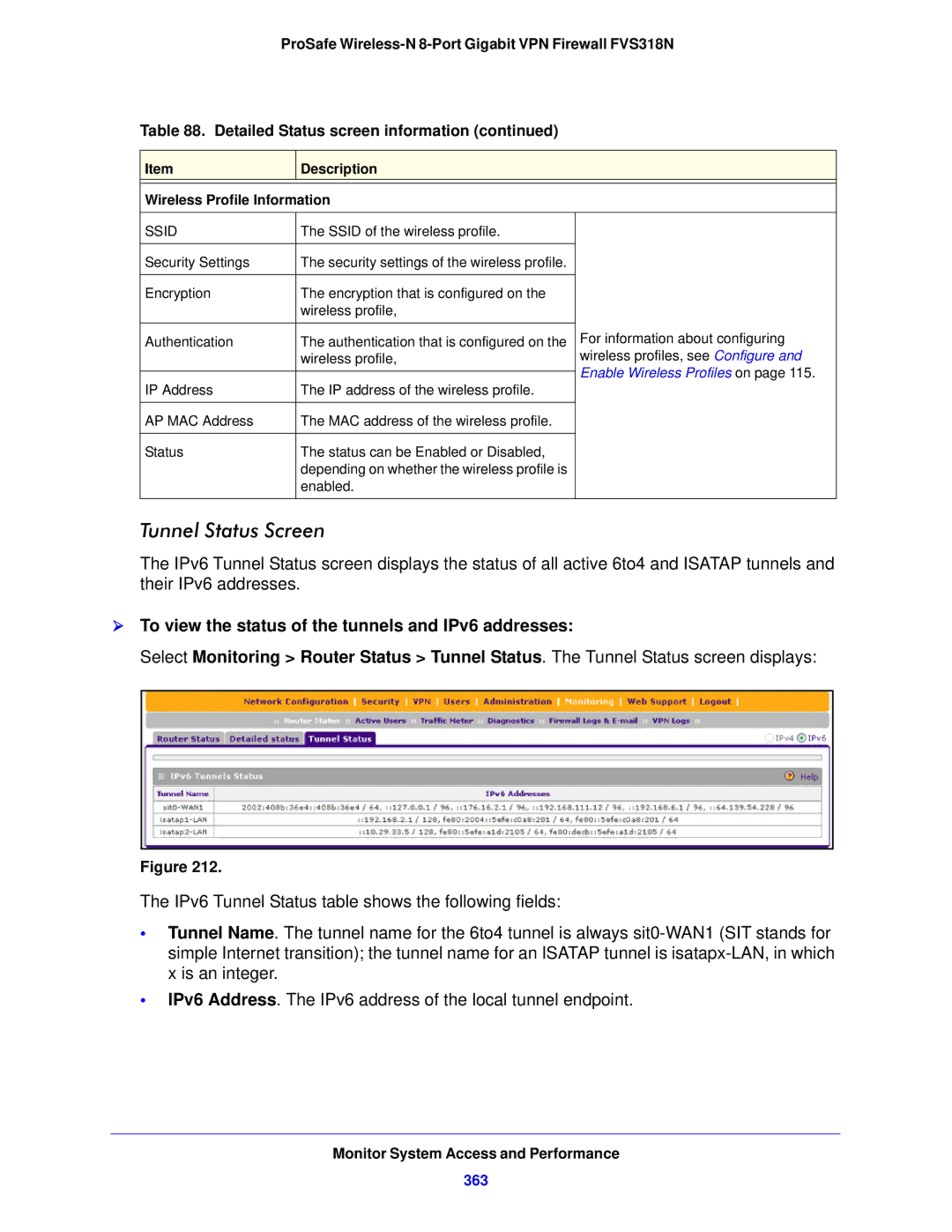 NETGEAR FVS318N manual Tunnel Status Screen, 363, Description Wireless Profile Information, Enable Wireless Profiles on 