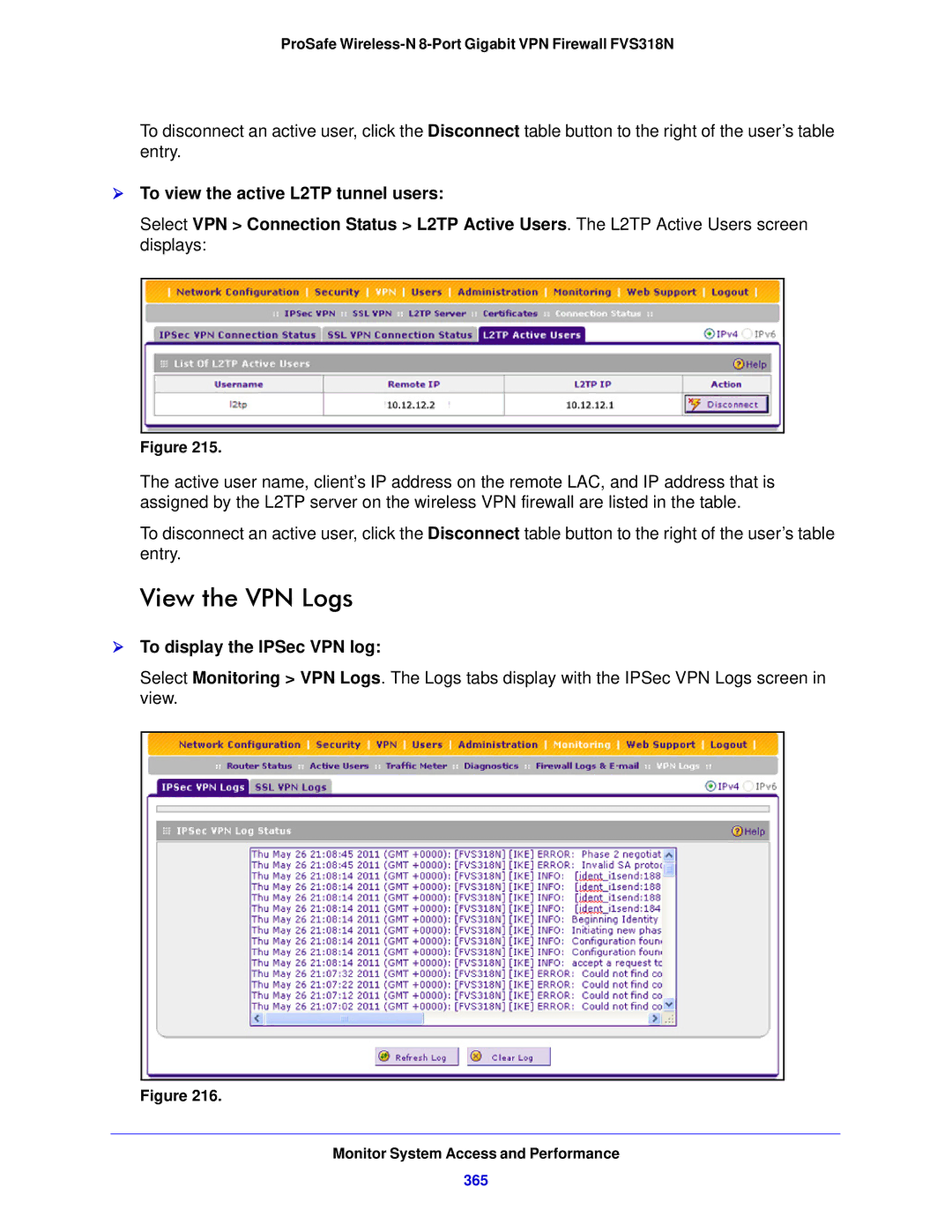 NETGEAR FVS318N manual View the VPN Logs,  To view the active L2TP tunnel users, 365 