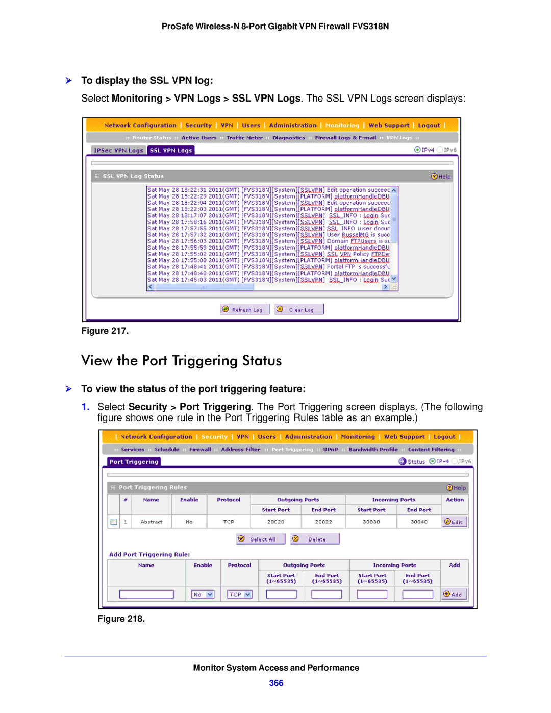 NETGEAR FVS318N manual View the Port Triggering Status,  To view the status of the port triggering feature, 366 