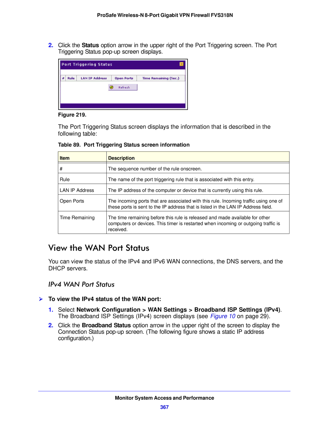 NETGEAR FVS318N manual View the WAN Port Status, IPv4 WAN Port Status,  To view the IPv4 status of the WAN port, 367 