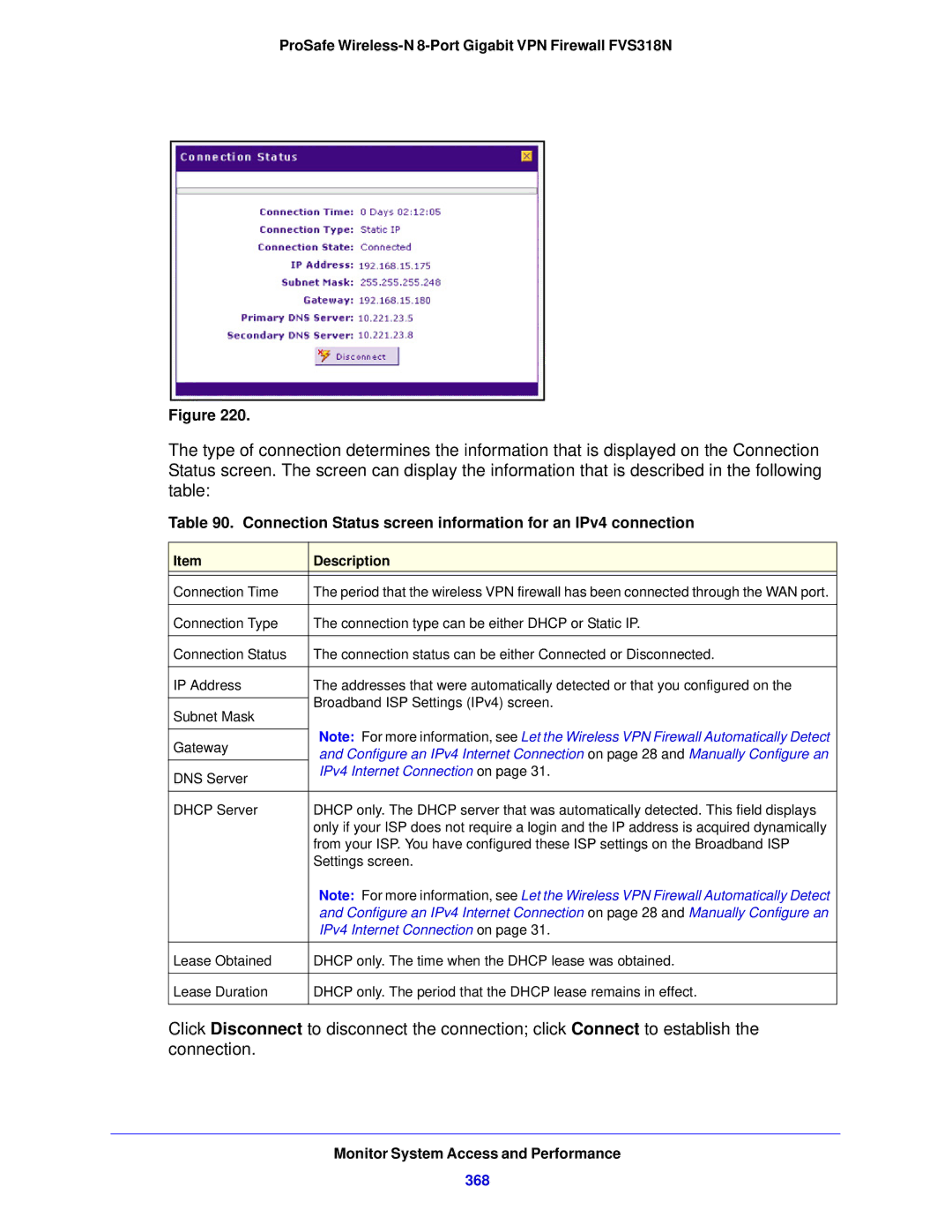 NETGEAR FVS318N manual Connection Status screen information for an IPv4 connection, 368, IPv4 Internet Connection on 