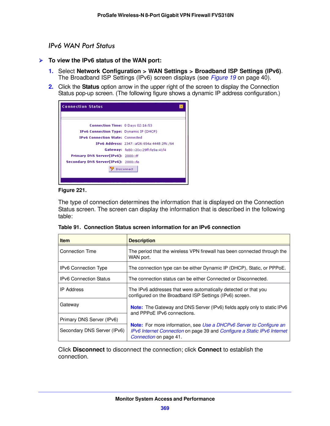 NETGEAR FVS318N manual IPv6 WAN Port Status,  To view the IPv6 status of the WAN port, 369, Connection on 