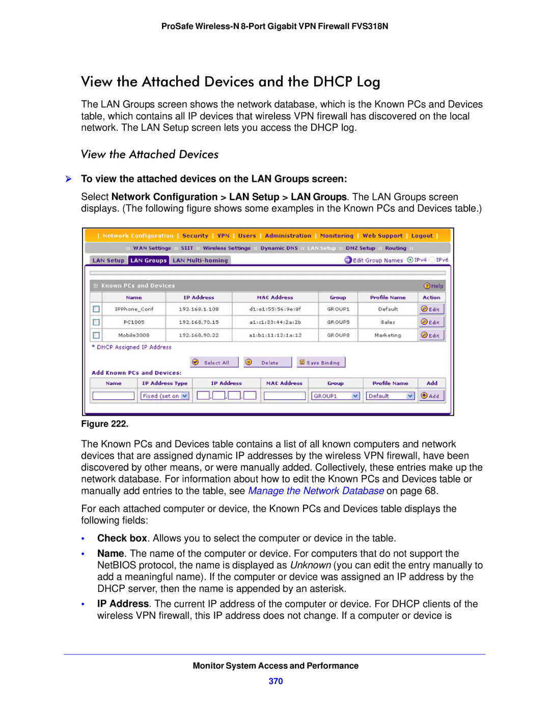 NETGEAR FVS318N View the Attached Devices and the Dhcp Log,  To view the attached devices on the LAN Groups screen, 370 