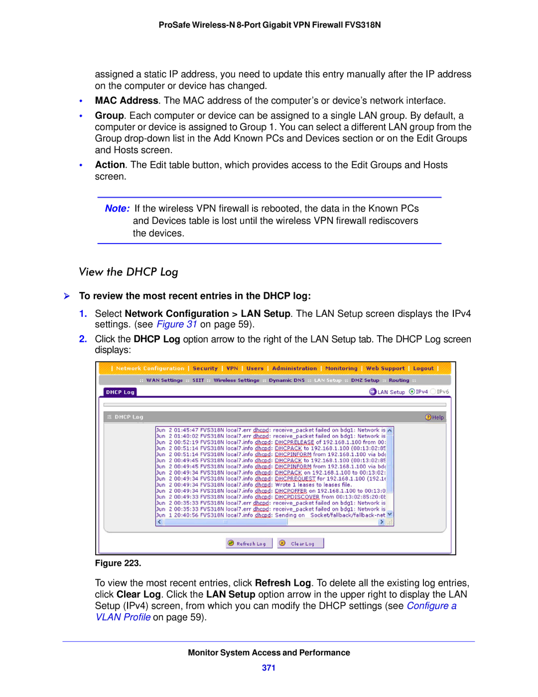 NETGEAR FVS318N manual View the Dhcp Log,  To review the most recent entries in the Dhcp log, 371 