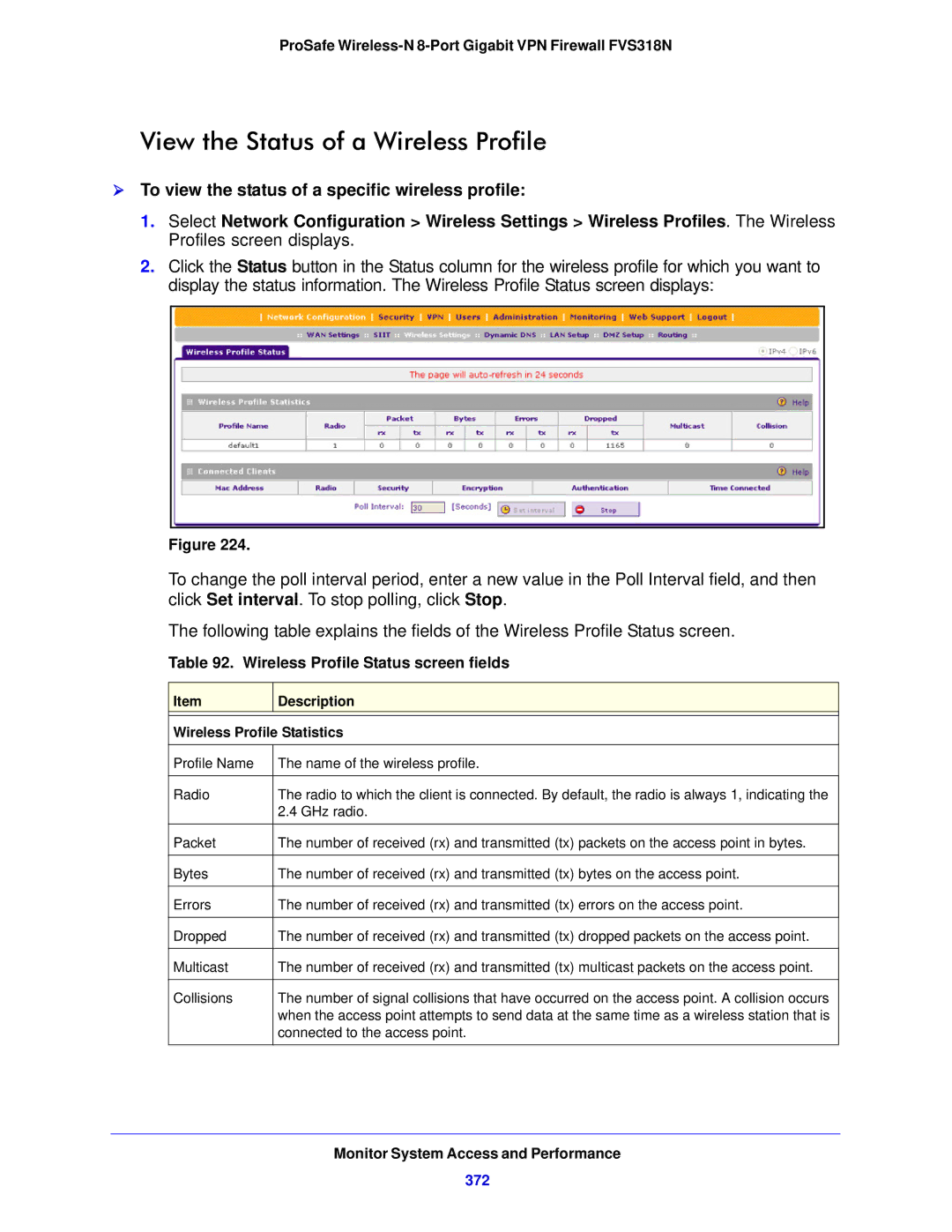 NETGEAR FVS318N manual View the Status of a Wireless Profile, 372 