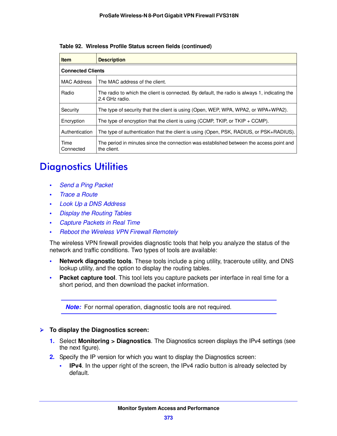 NETGEAR FVS318N manual Diagnostics Utilities,  To display the Diagnostics screen, 373 