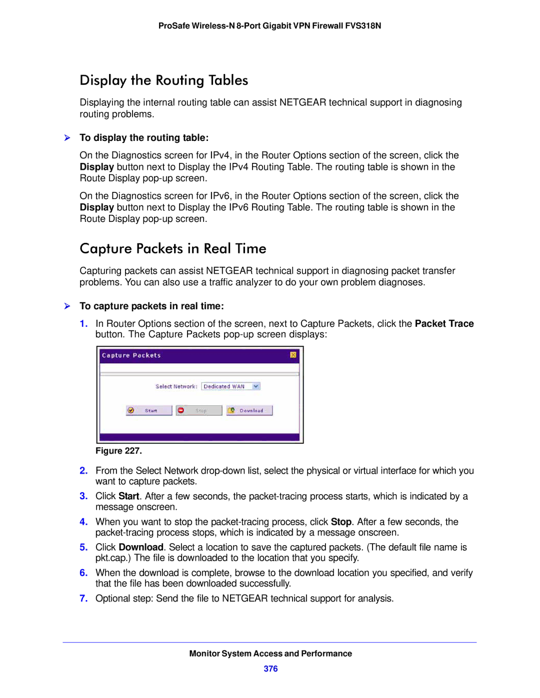 NETGEAR FVS318N manual Display the Routing Tables, Capture Packets in Real Time,  To display the routing table, 376 