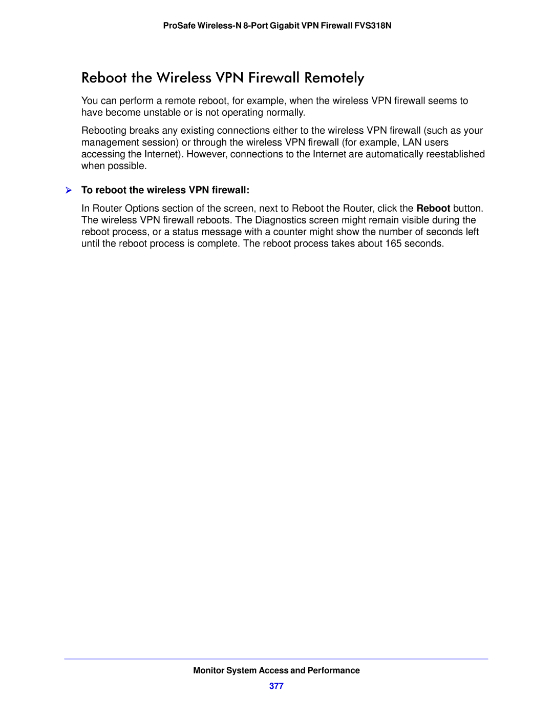 NETGEAR FVS318N manual Reboot the Wireless VPN Firewall Remotely,  To reboot the wireless VPN firewall, 377 