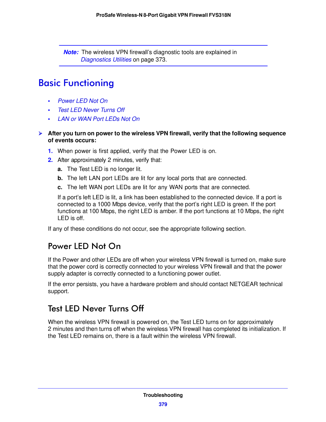 NETGEAR FVS318N manual Basic Functioning, Power LED Not On, Test LED Never Turns Off, Troubleshooting, 379 