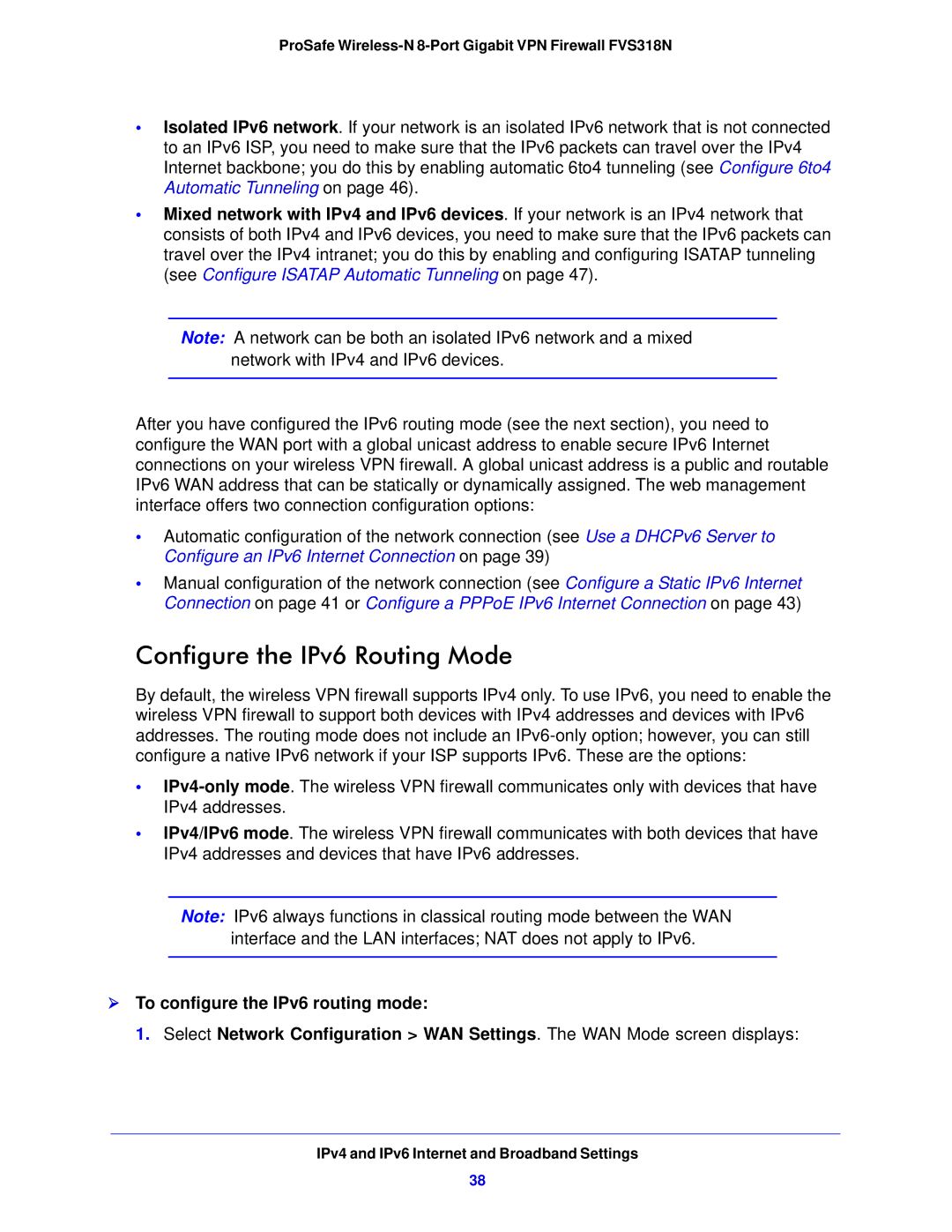 NETGEAR FVS318N manual Configure the IPv6 Routing Mode,  To configure the IPv6 routing mode 