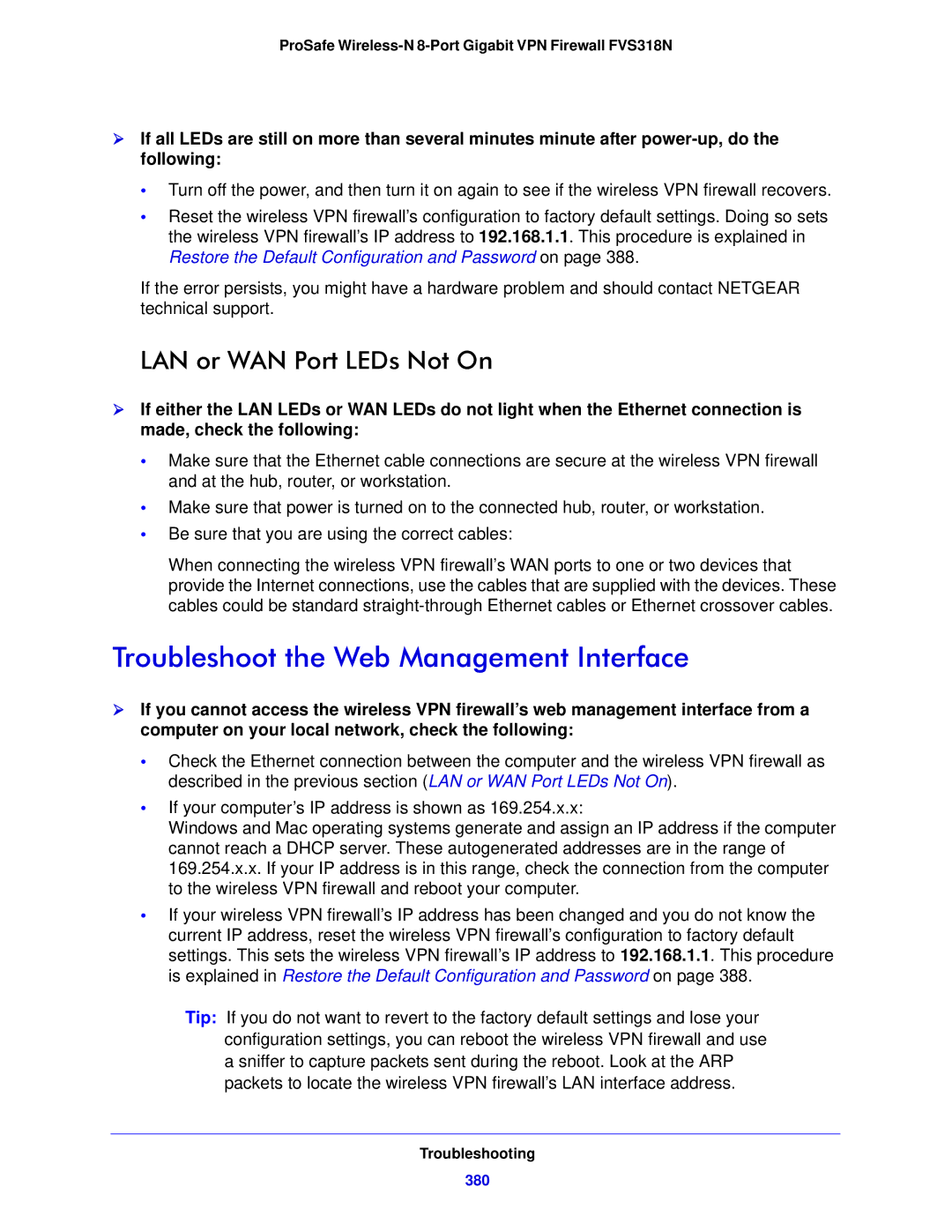 NETGEAR FVS318N manual Troubleshoot the Web Management Interface, LAN or WAN Port LEDs Not On, 380 