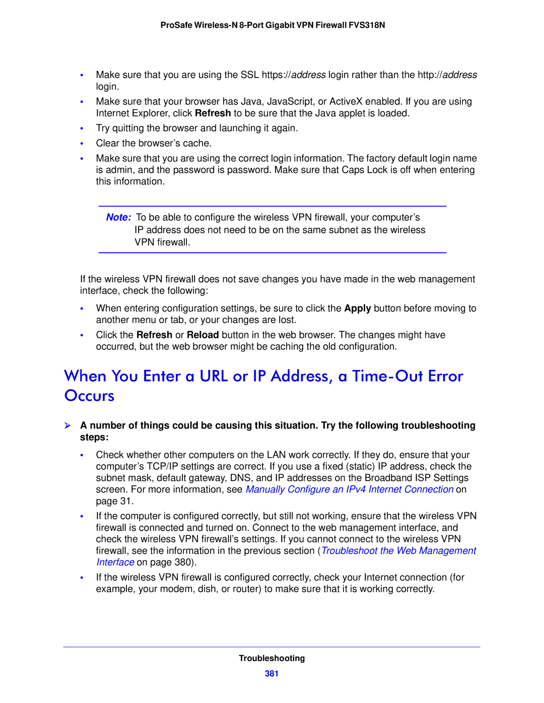 NETGEAR FVS318N manual When You Enter a URL or IP Address, a Time-Out Error Occurs, 381 