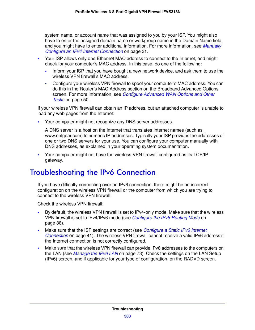 NETGEAR FVS318N manual Troubleshooting the IPv6 Connection, 383 