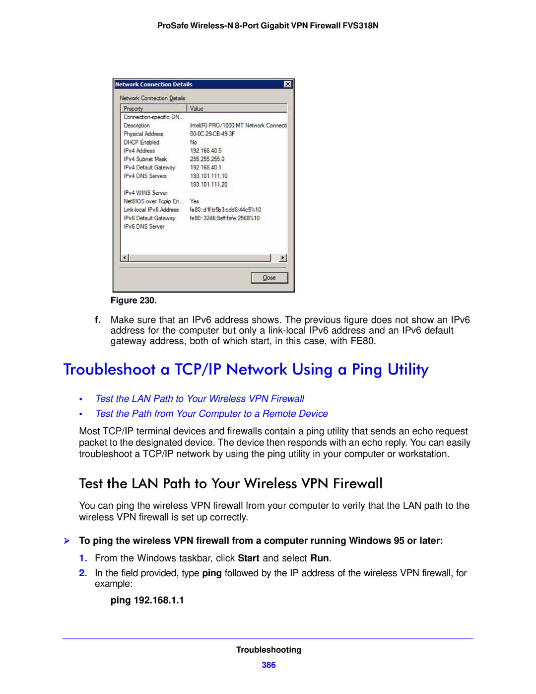 NETGEAR FVS318N Troubleshoot a TCP/IP Network Using a Ping Utility, Test the LAN Path to Your Wireless VPN Firewall, 386 