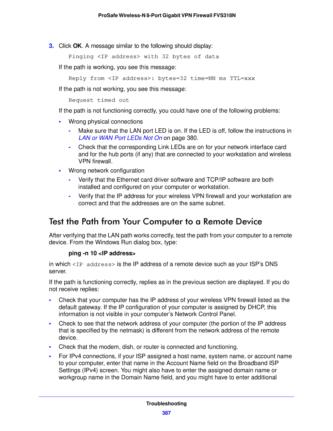 NETGEAR FVS318N manual Test the Path from Your Computer to a Remote Device, Ping -n 10 IP address, 387 