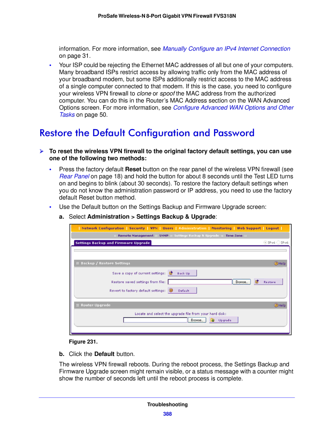 NETGEAR FVS318N manual Restore the Default Configuration and Password, 388 