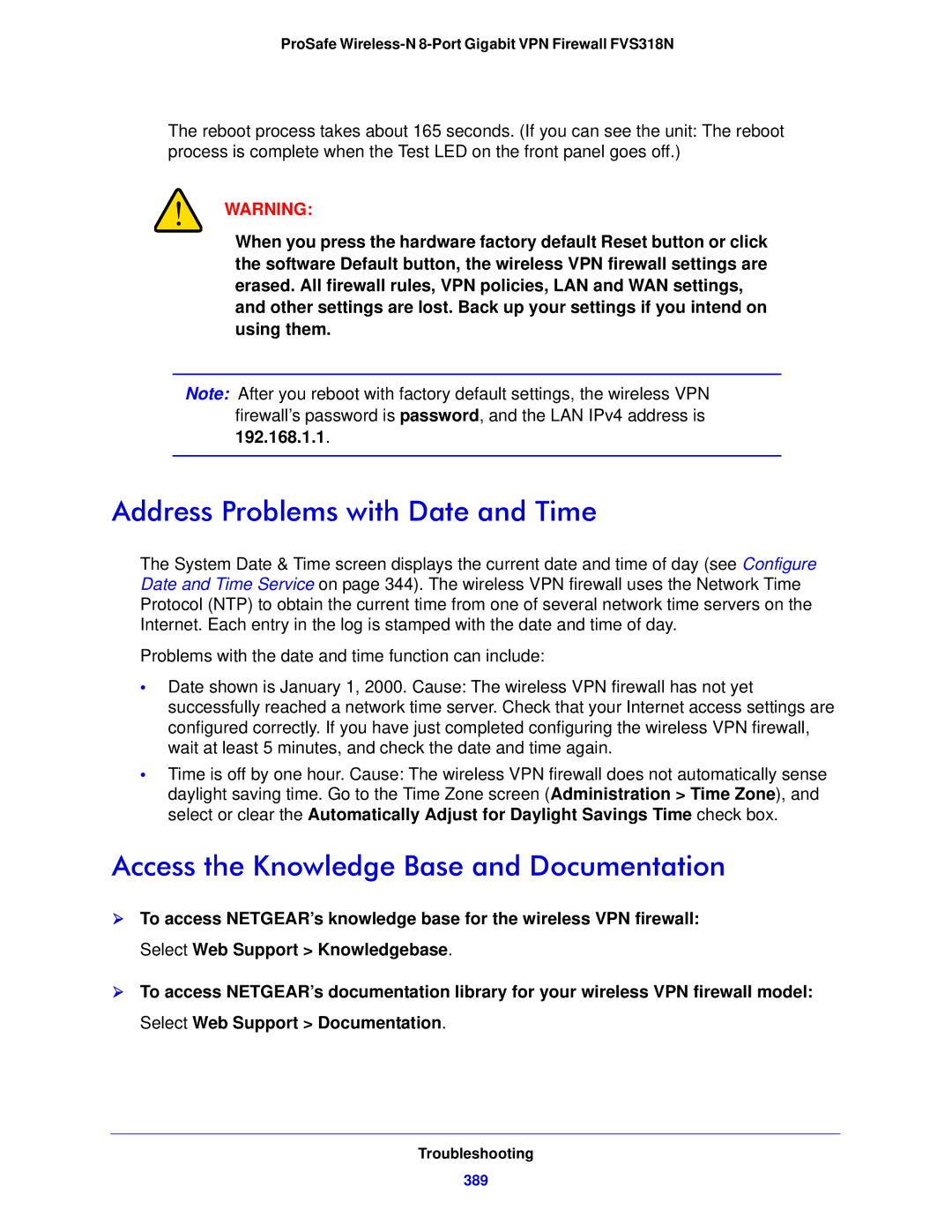 NETGEAR FVS318N manual Address Problems with Date and Time, Access the Knowledge Base and Documentation, 389 