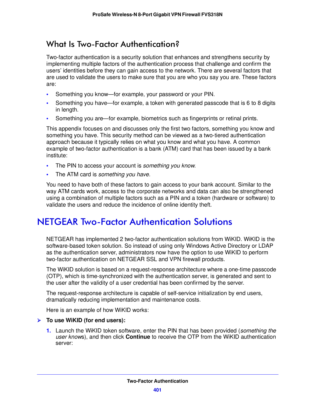 NETGEAR FVS318N manual Netgear Two-Factor Authentication Solutions, What Is Two-Factor Authentication?, 401 