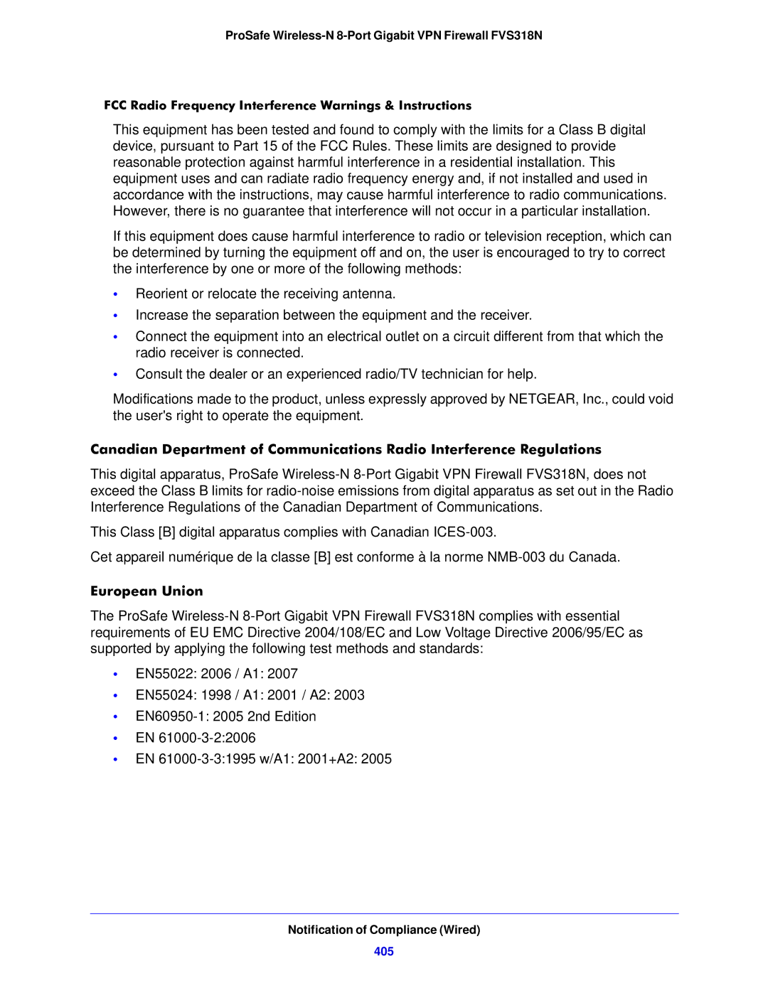 NETGEAR FVS318N manual European Union, Notification of Compliance Wired, 405 