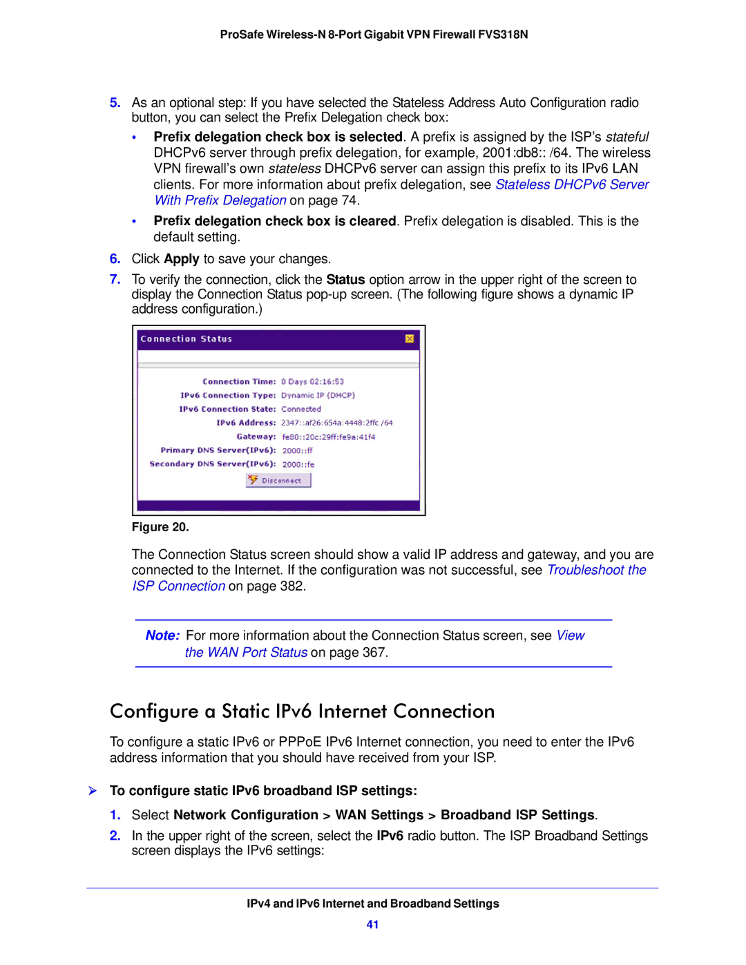 NETGEAR FVS318N manual Configure a Static IPv6 Internet Connection 