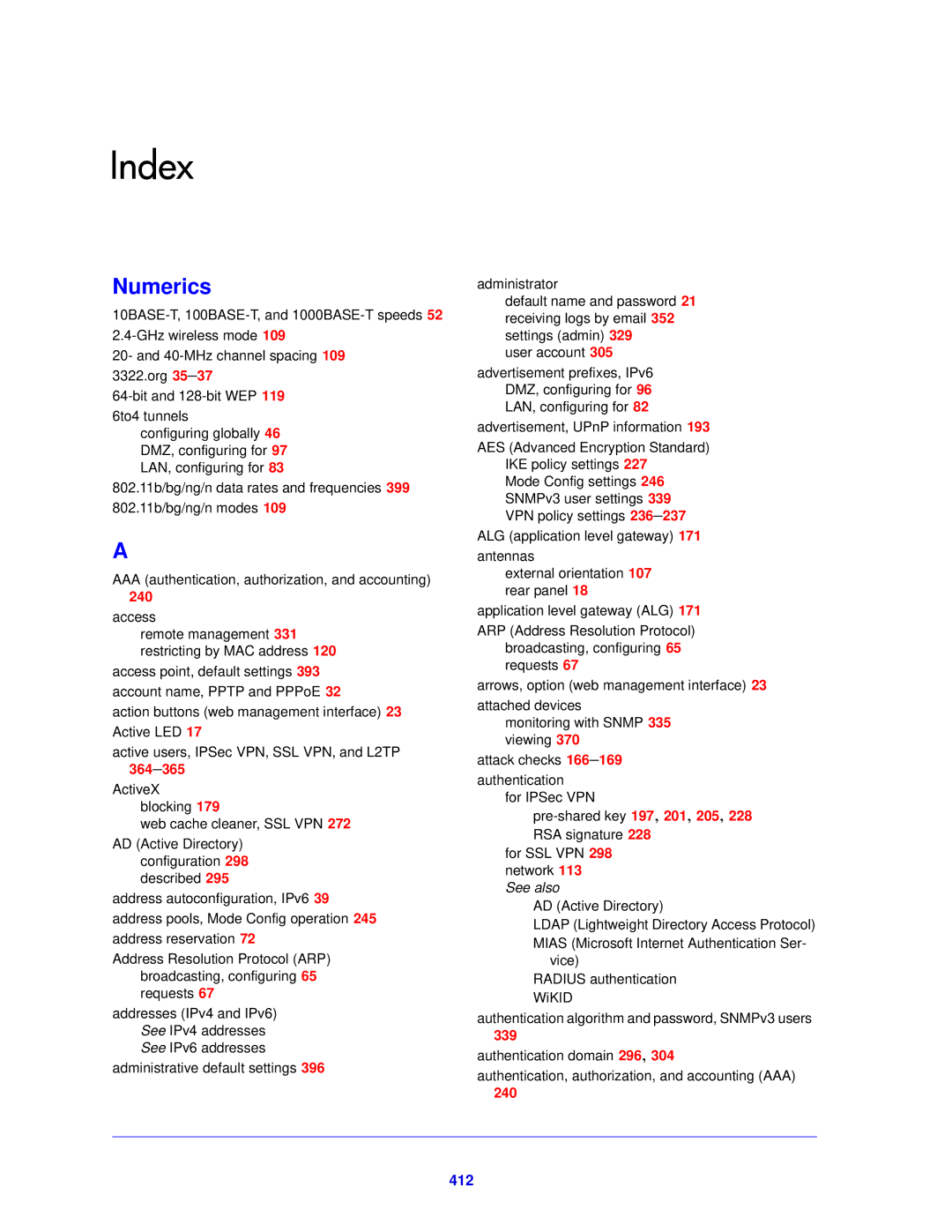 NETGEAR FVS318N manual Index, 412 