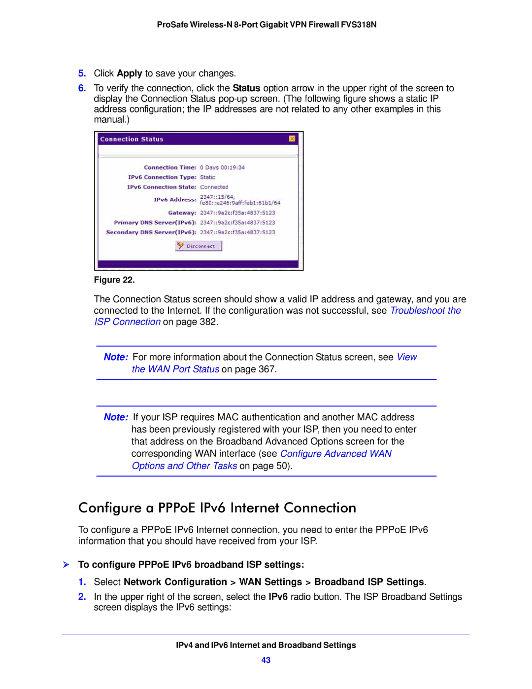 NETGEAR FVS318N manual Configure a PPPoE IPv6 Internet Connection 