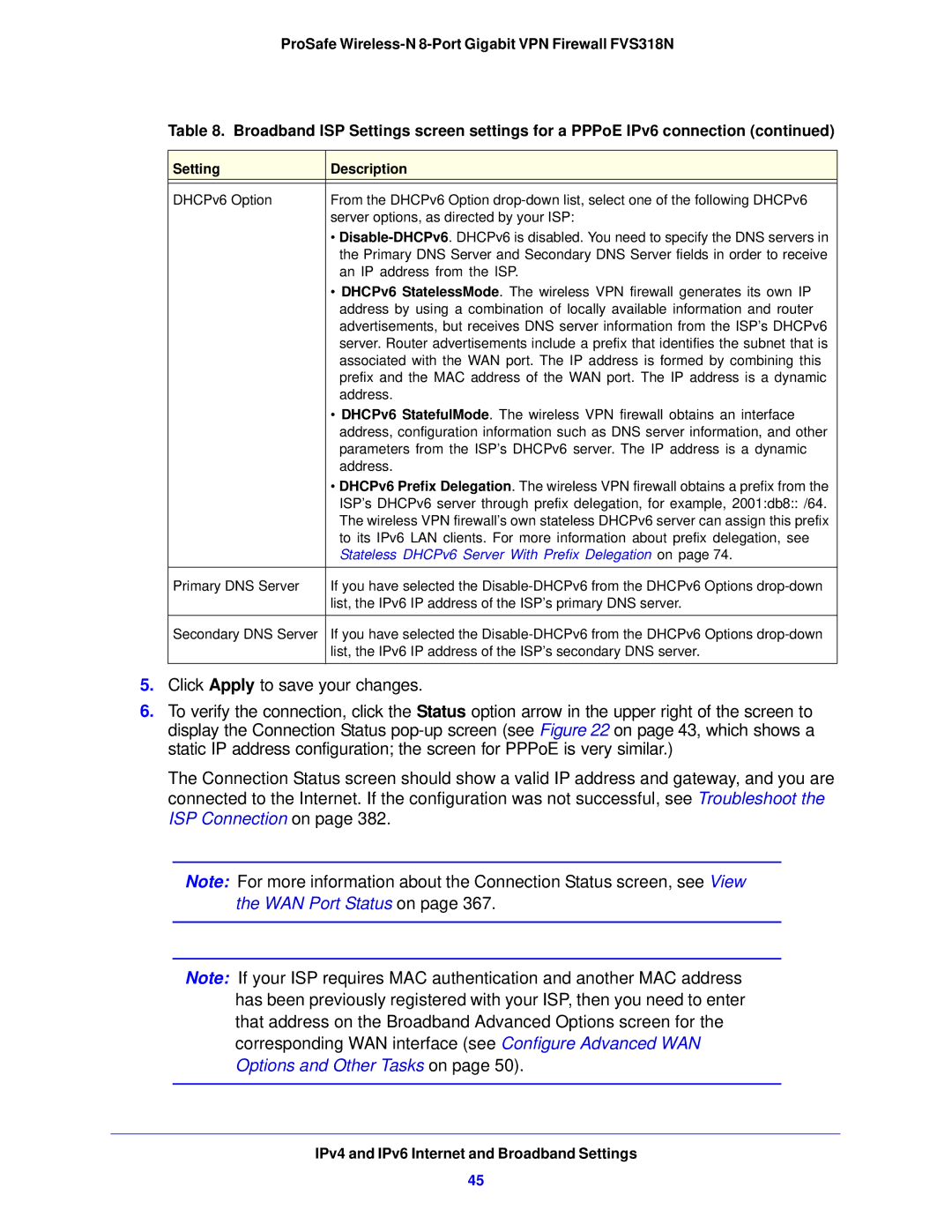 NETGEAR FVS318N manual WAN Port Status on Options and Other Tasks on, Stateless DHCPv6 Server With Prefix Delegation on 